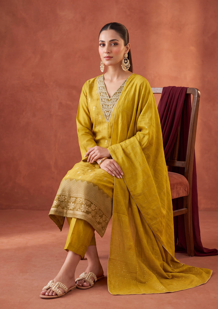 Mustard Yellow Zariwork (Gold) Chanderi Readymade Salwar Suit