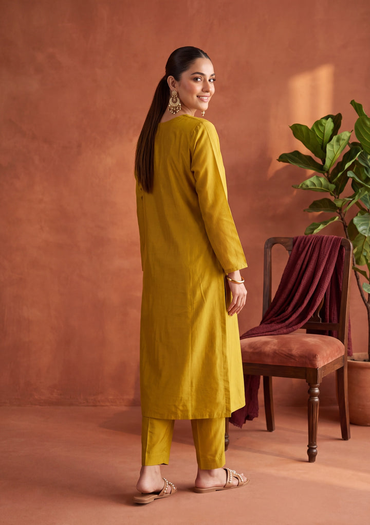 Mustard Yellow Zariwork (Gold) Chanderi Readymade Salwar Suit