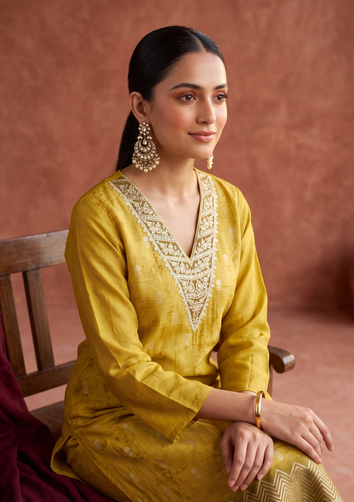 Mustard Yellow Zariwork (Gold) Chanderi Readymade Salwar Suit