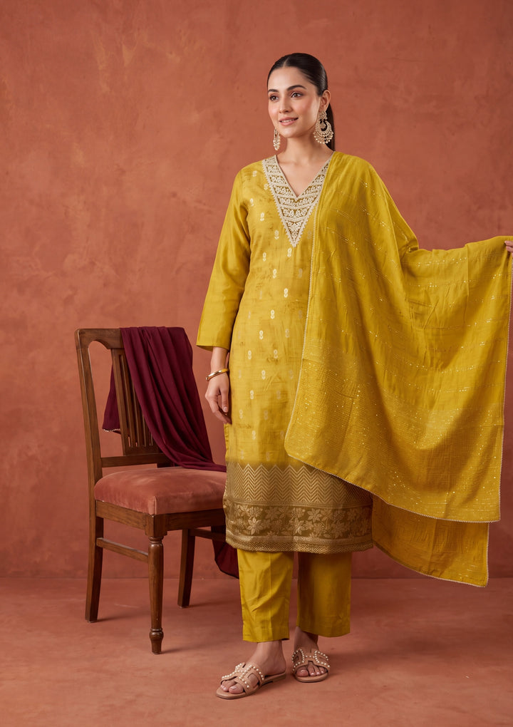 Mustard Yellow Zariwork (Gold) Chanderi Readymade Salwar Suit