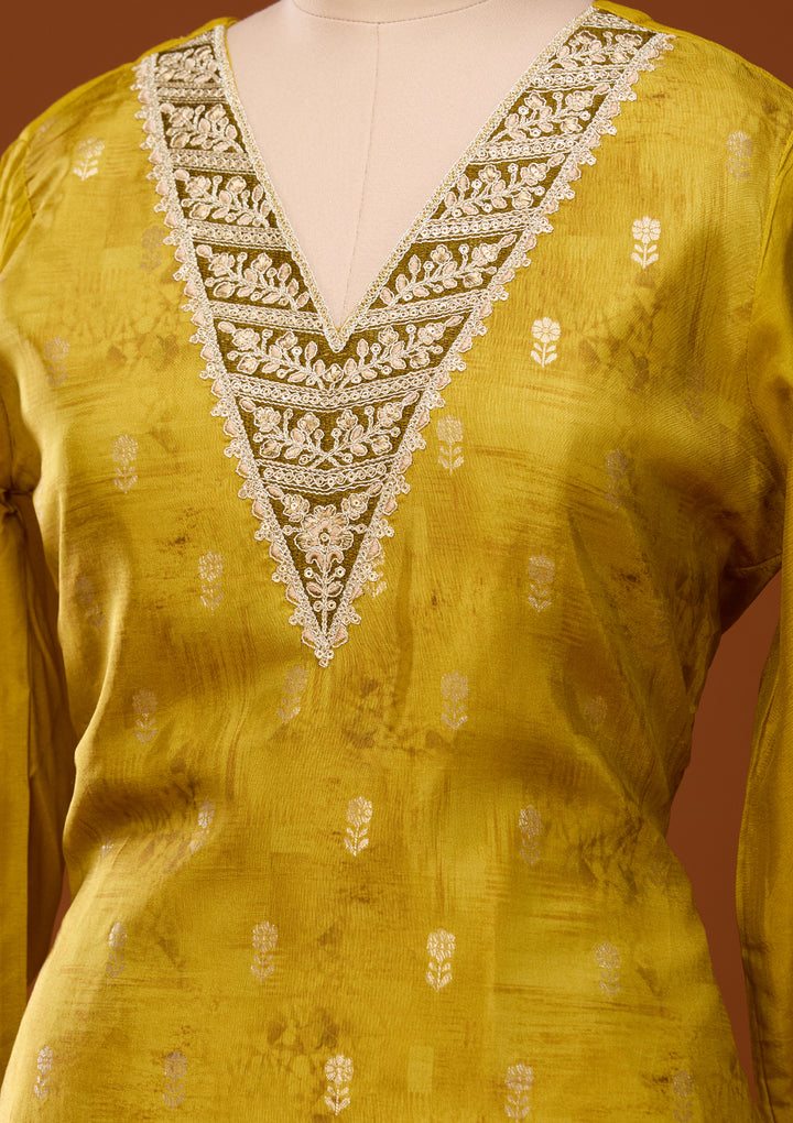 Mustard Yellow Zariwork (Gold) Chanderi Readymade Salwar Suit