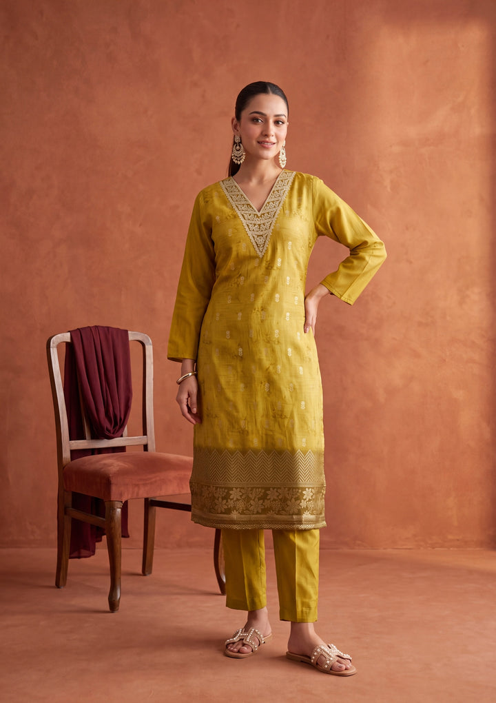 Mustard Yellow Zariwork (Gold) Chanderi Readymade Salwar Suit