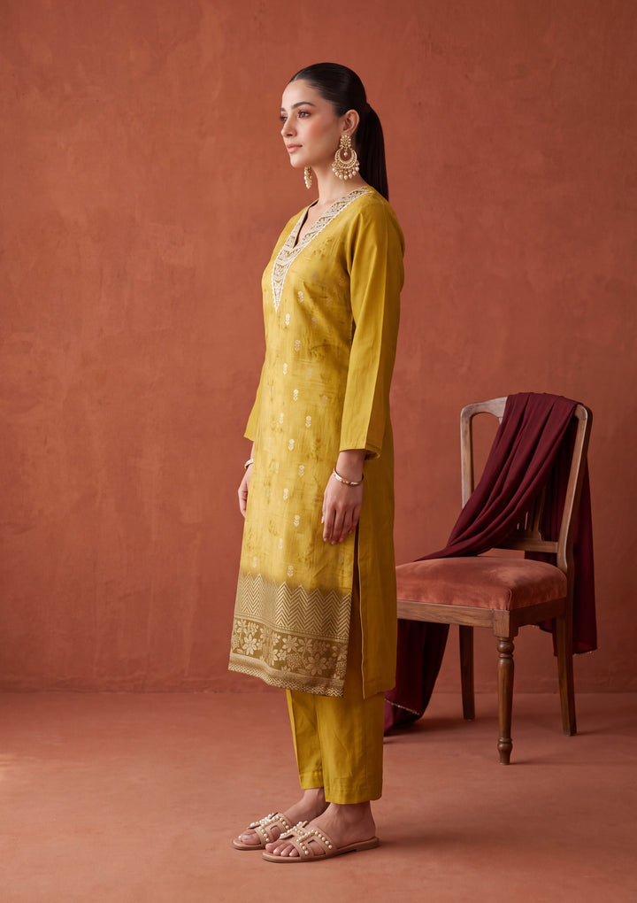 Mustard Yellow Zariwork (Gold) Chanderi Readymade Salwar Suit