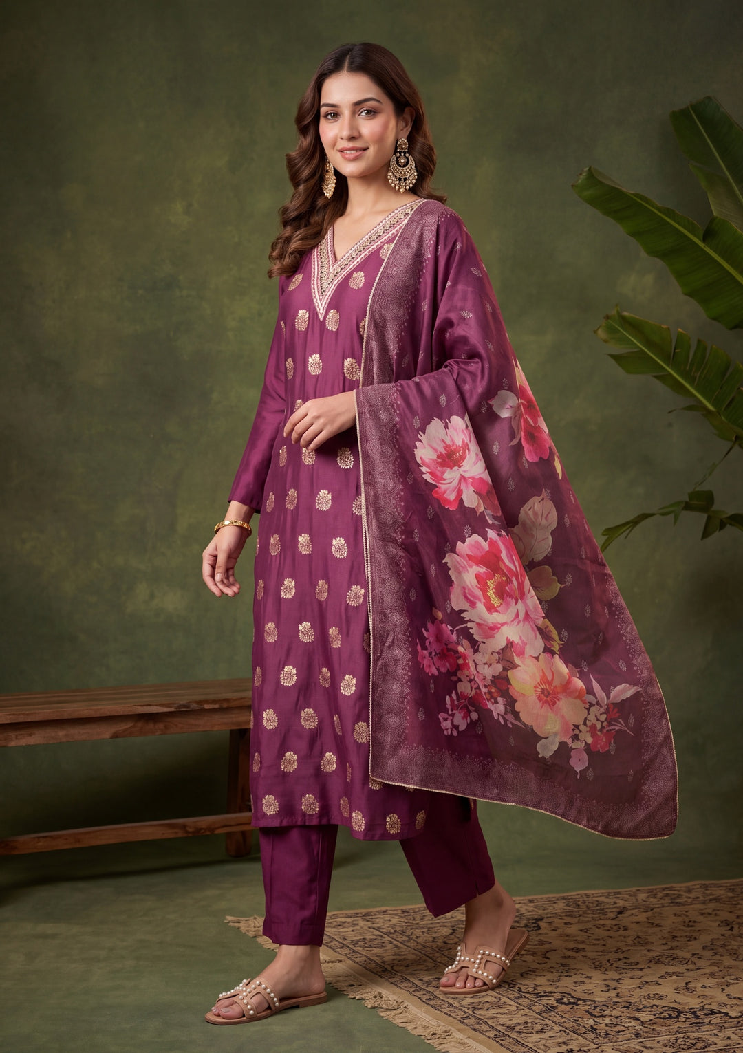 Wine Straight Kurta With Pant Regular And Dupatta