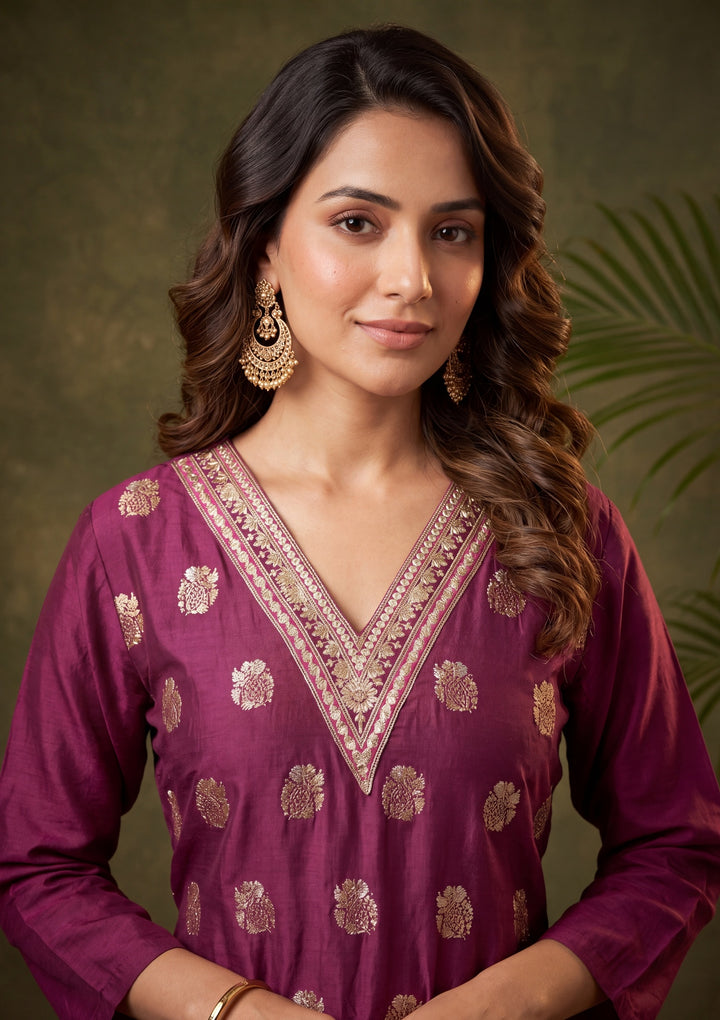 Wine Straight Kurta With Pant Regular And Dupatta