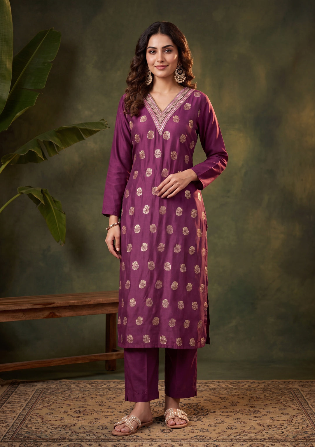 Wine Straight Kurta With Pant Regular And Dupatta