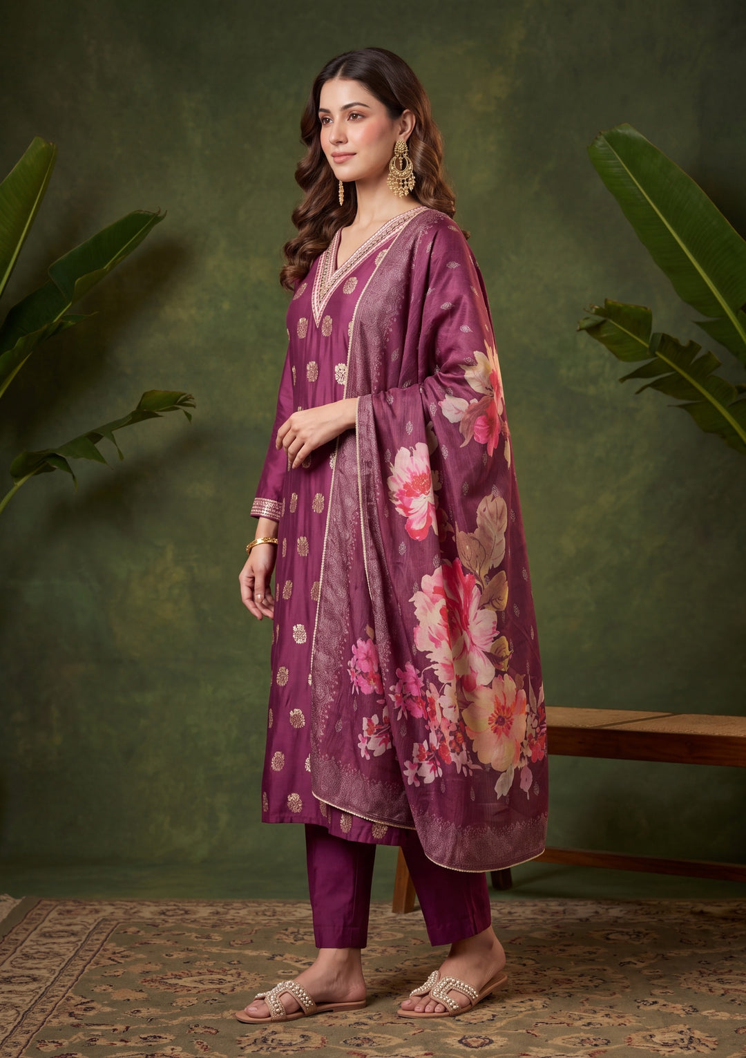 Wine Straight Kurta With Pant Regular And Dupatta