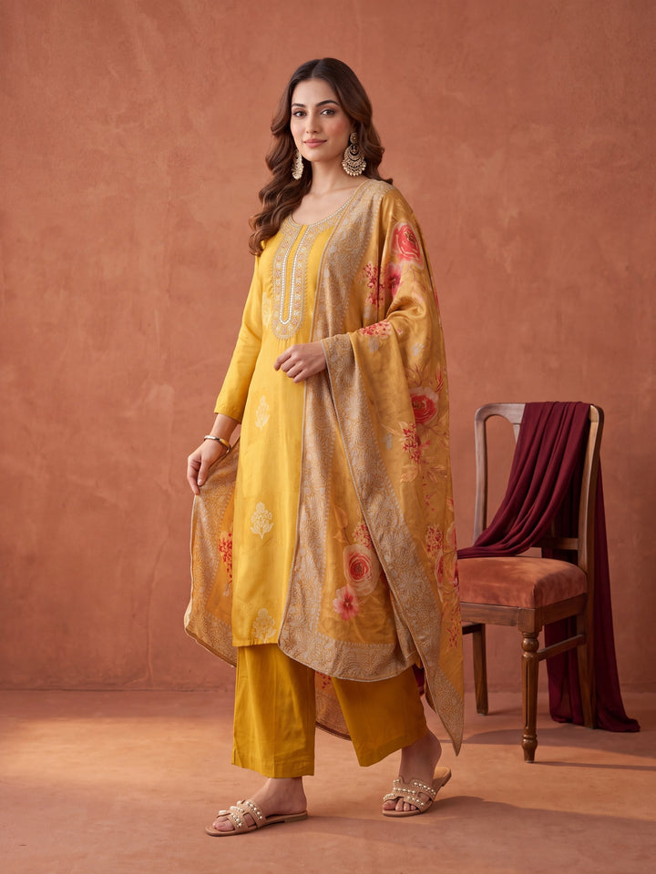 Mustard Yellow Chanderi Cording Straight Kurta With Pant Regular And Dupatta