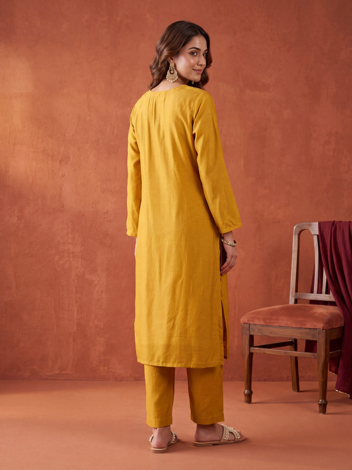 Mustard Yellow Chanderi Cording Straight Kurta With Pant Regular And Dupatta