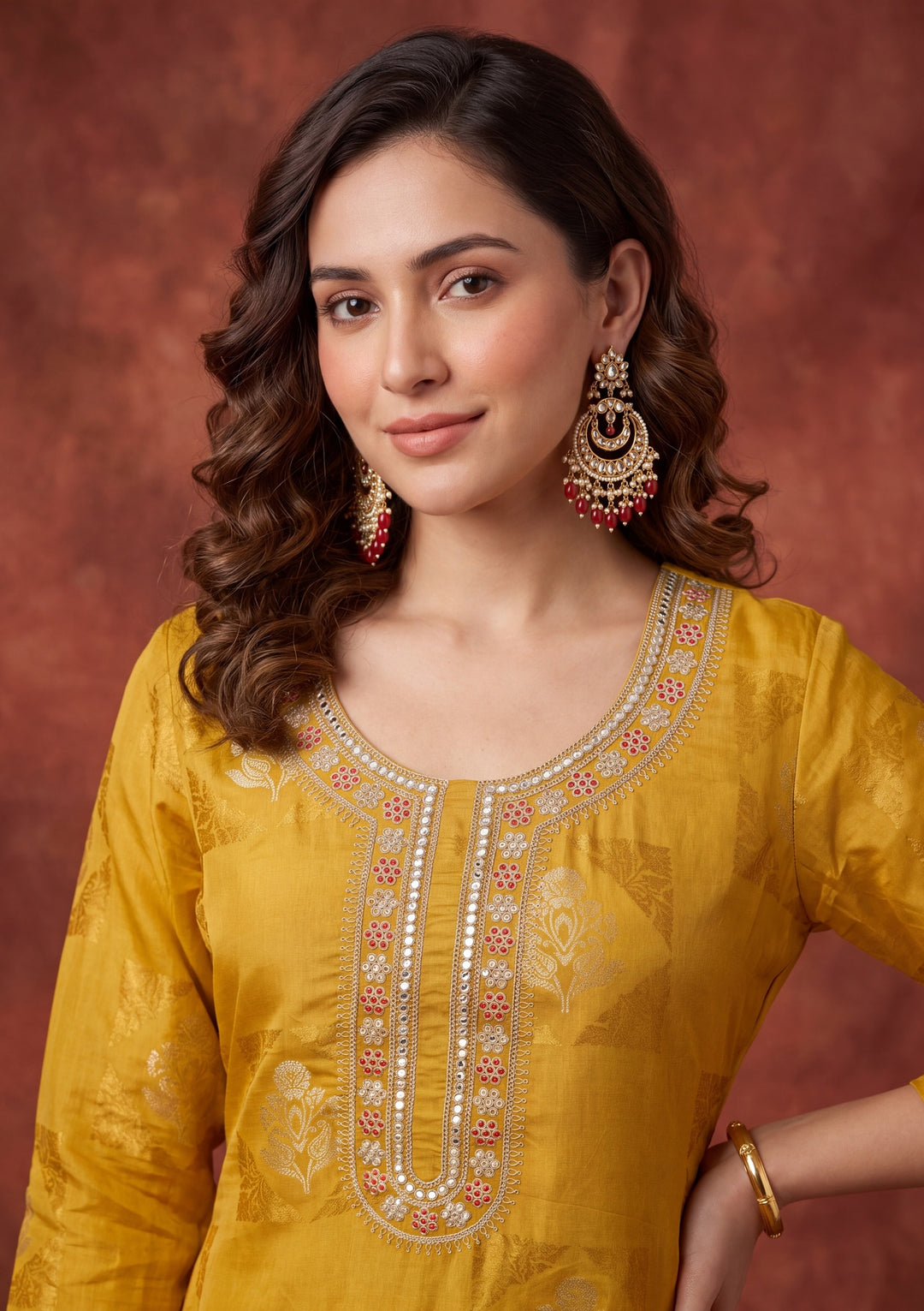 Mustard Yellow Chanderi Cording Straight Kurta With Pant Regular And Dupatta