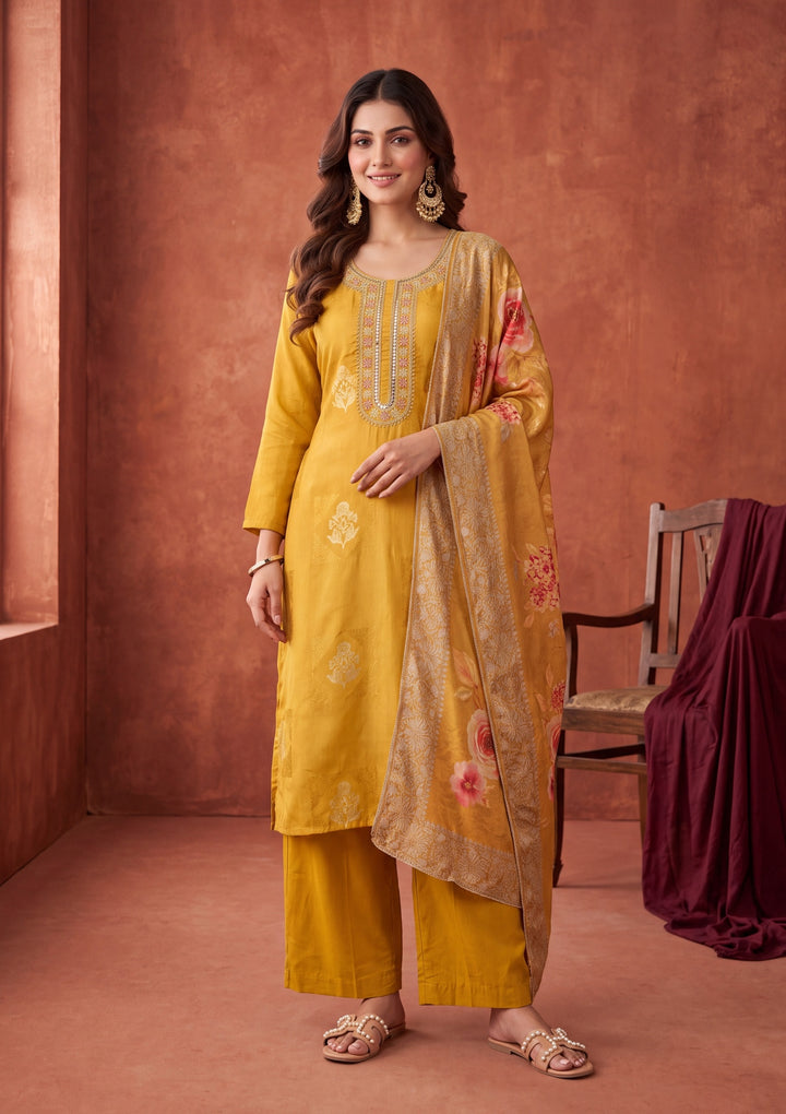 Mustard Yellow Chanderi Cording Straight Kurta With Pant Regular And Dupatta