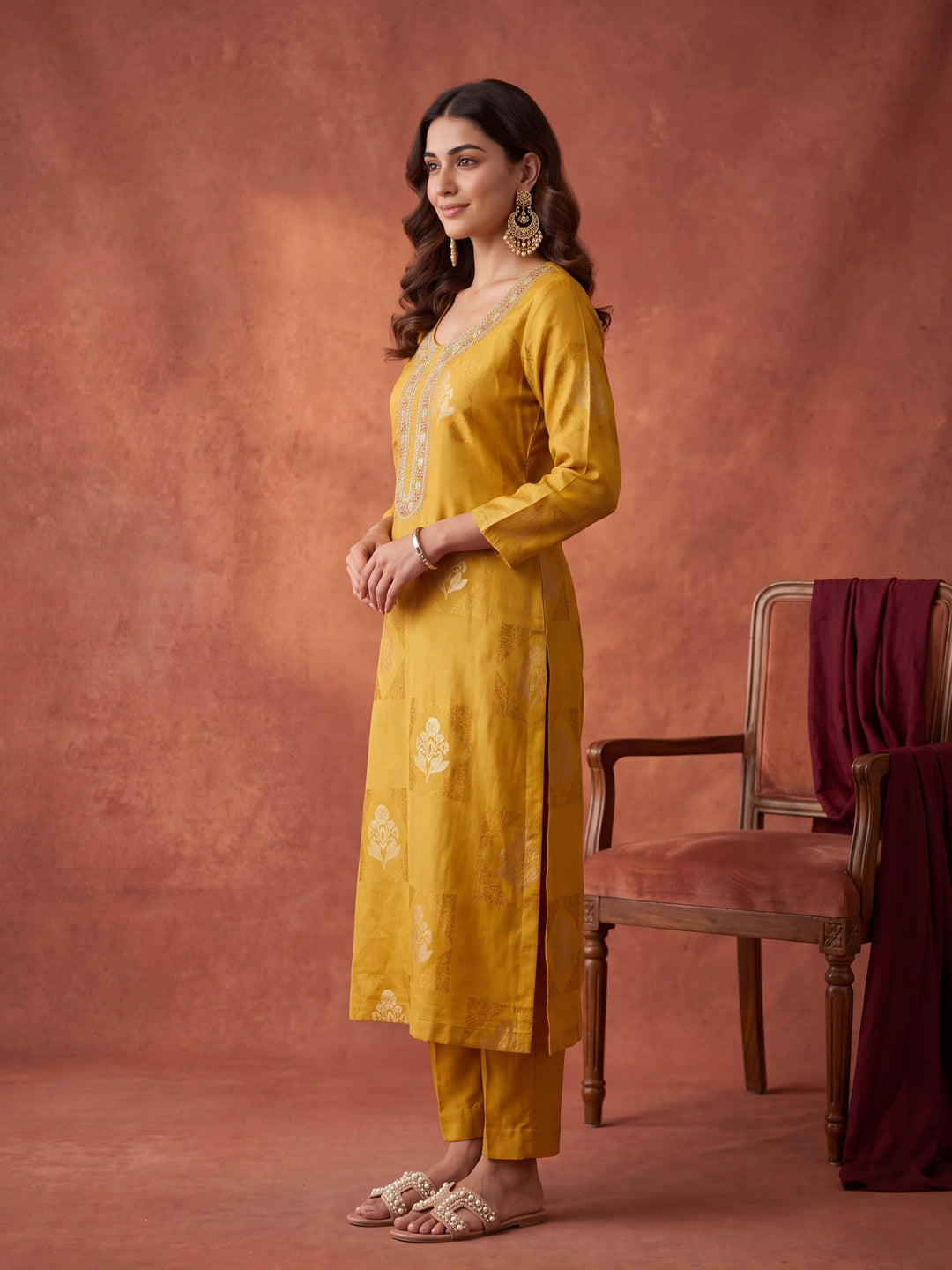 Mustard Yellow Chanderi Cording Straight Kurta With Pant Regular And Dupatta