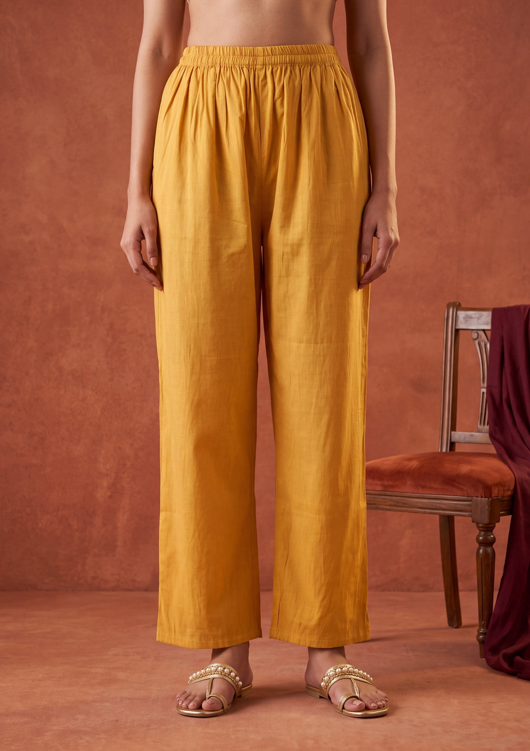 Mustard Yellow Chanderi Cording Straight Kurta With Pant Regular And Dupatta