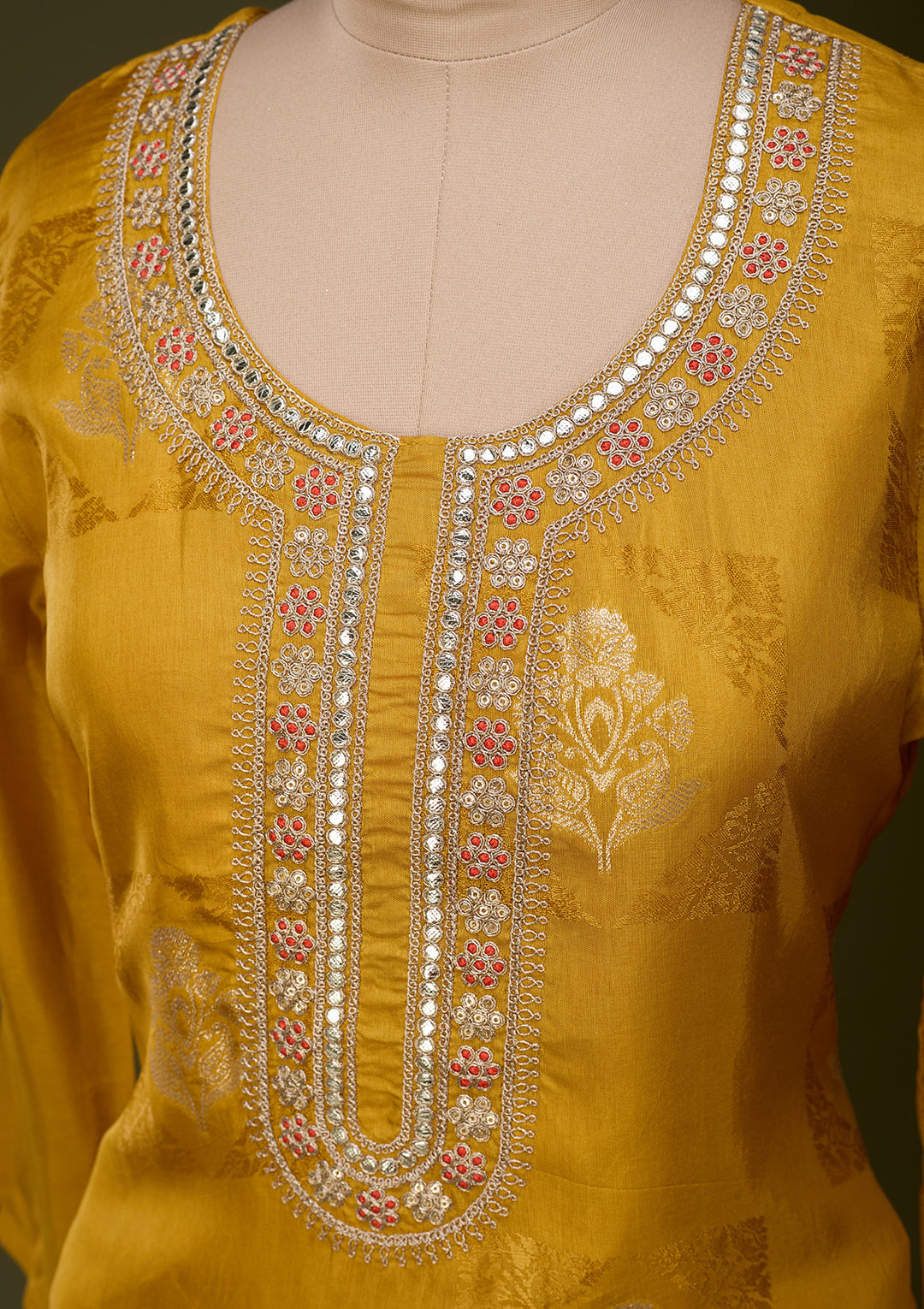 Mustard Yellow Chanderi Cording Straight Kurta With Pant Regular And Dupatta