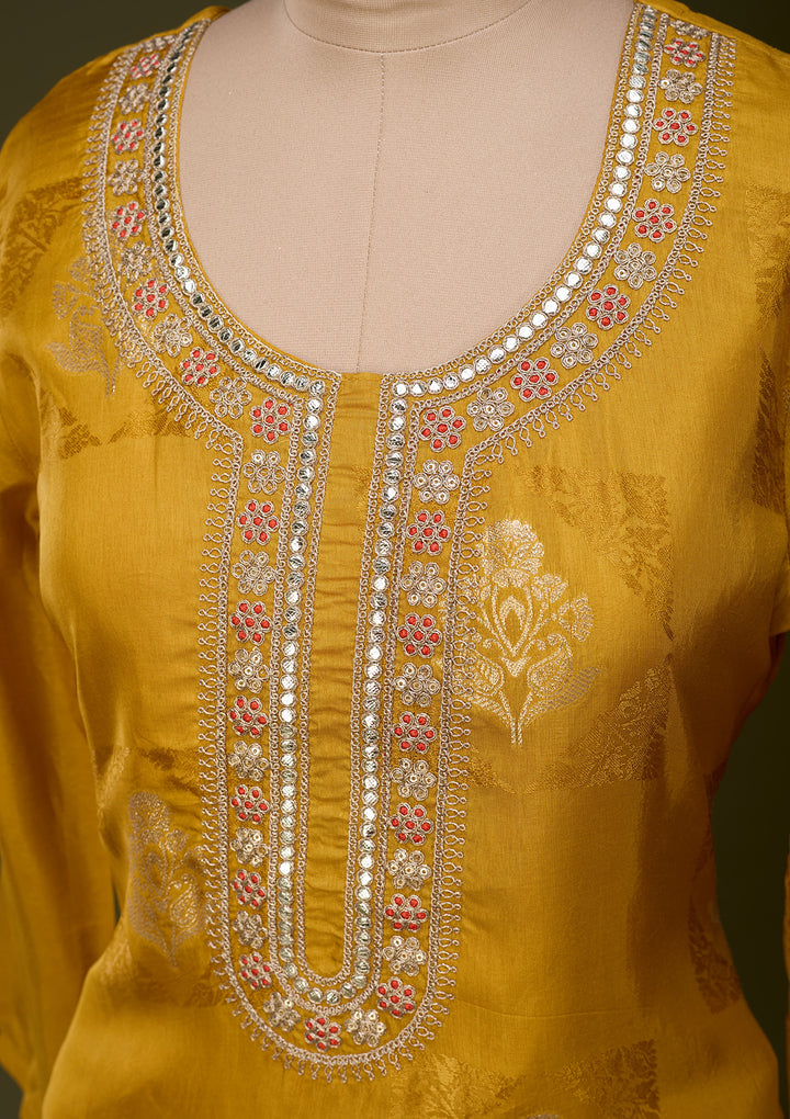 Mustard Yellow Chanderi Cording Straight Kurta With Pant Regular And Dupatta