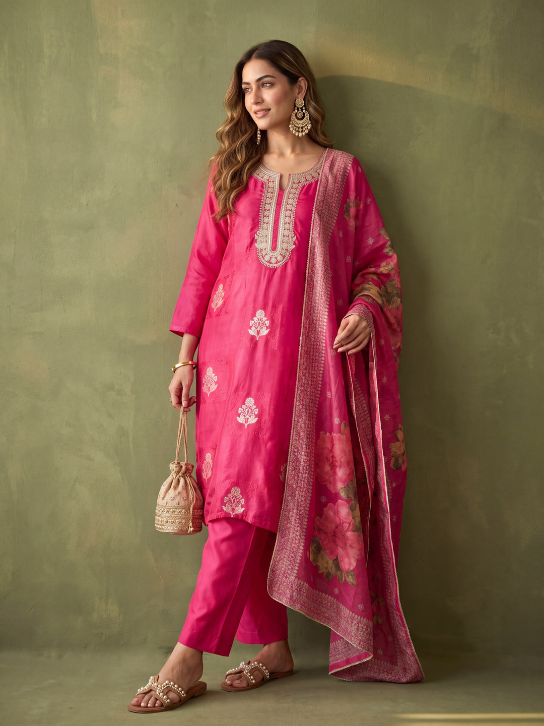 Rani Pink Chanderi Cording Straight Kurta With Pant Regular And Dupatta