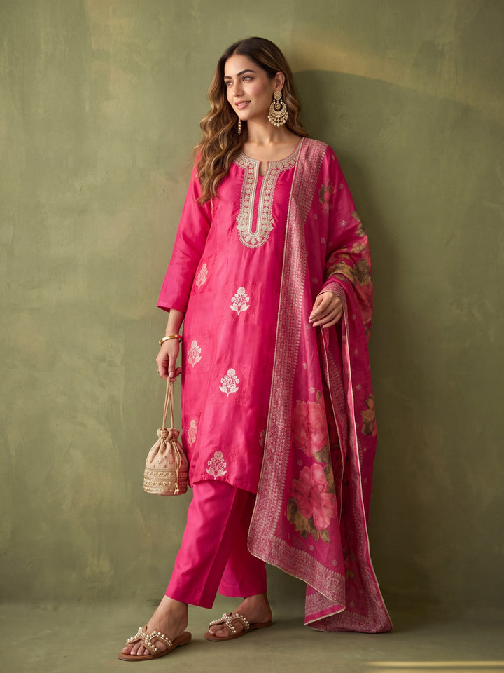 Rani Pink Chanderi Cording Straight Kurta With Pant Regular And Dupatta