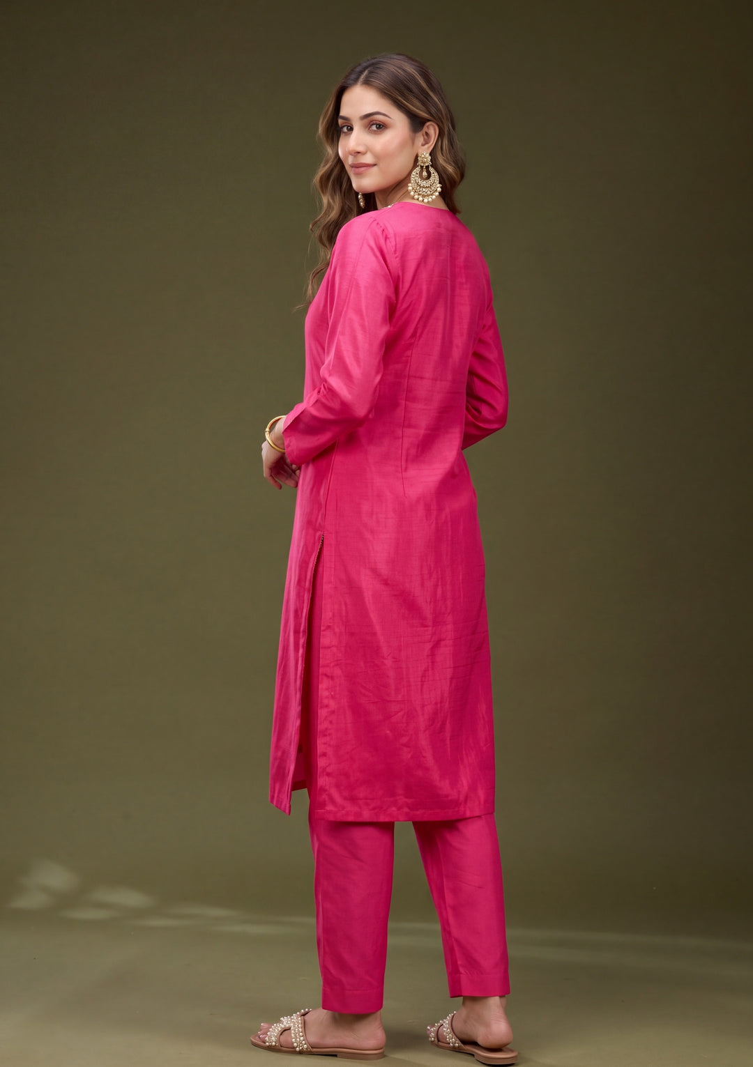 Rani Pink Chanderi Cording Straight Kurta With Pant Regular And Dupatta