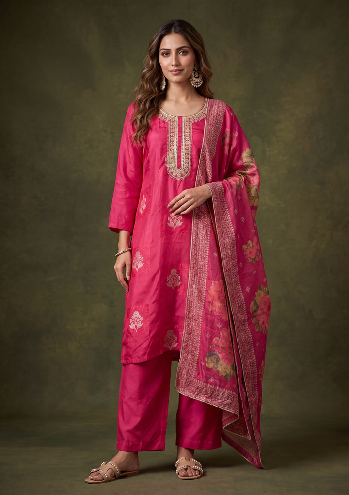 Rani Pink Chanderi Cording Straight Kurta With Pant Regular And Dupatta