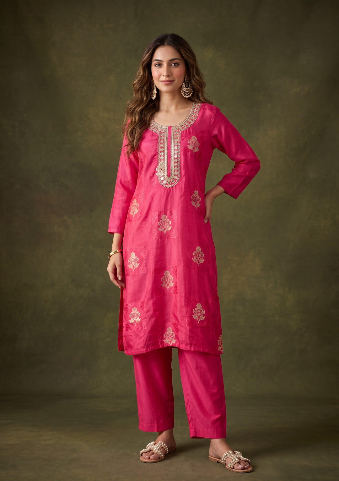Rani Pink Chanderi Cording Straight Kurta With Pant Regular And Dupatta