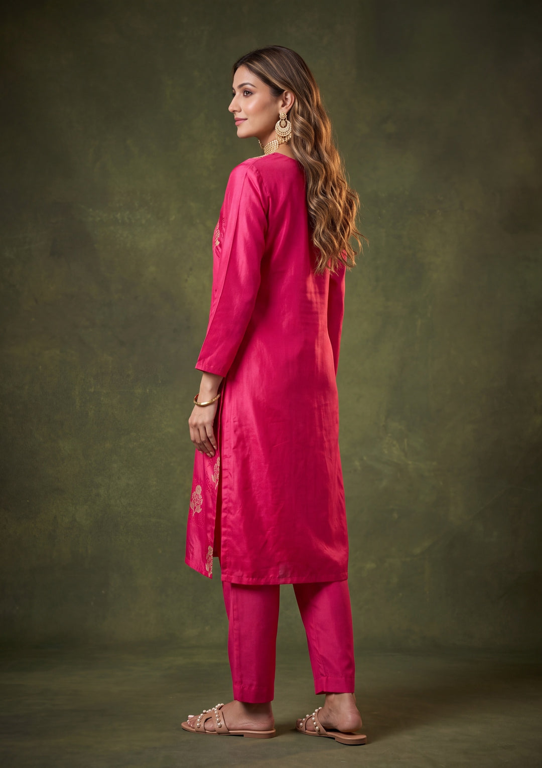 Rani Pink Chanderi Cording Straight Kurta With Pant Regular And Dupatta