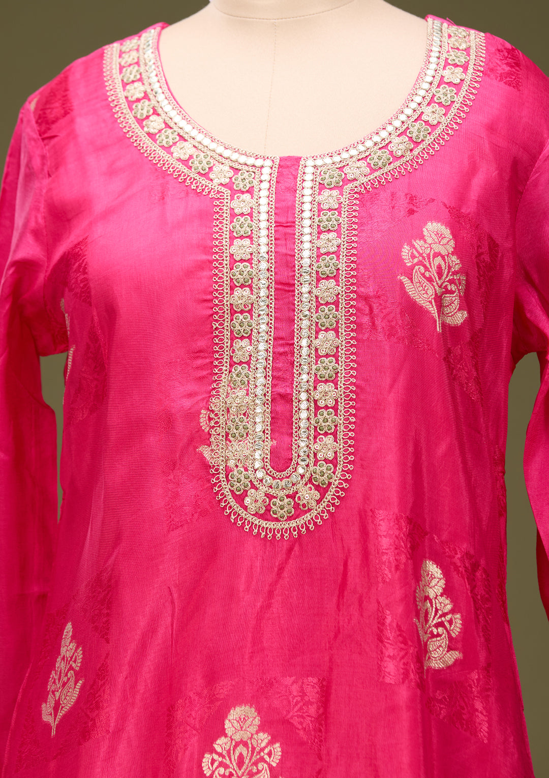 Rani Pink Chanderi Cording Straight Kurta With Pant Regular And Dupatta
