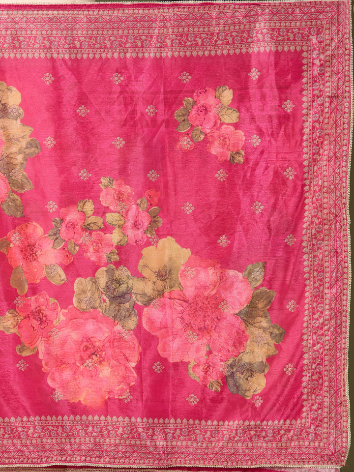 Rani Pink Chanderi Cording Straight Kurta With Pant Regular And Dupatta