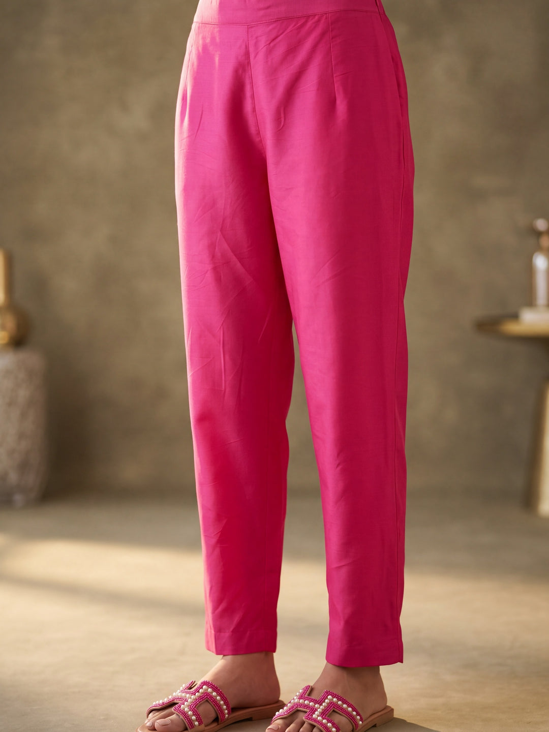 Rani Pink Chanderi Cording Straight Kurta With Pant Regular And Dupatta