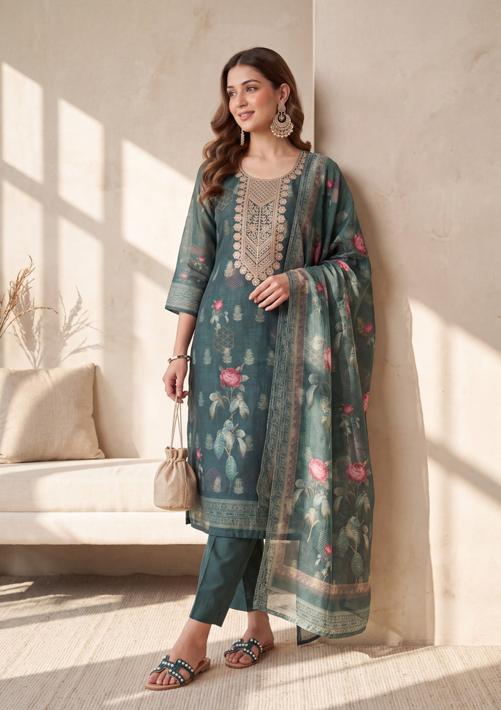 Bottle Green Zariwork (Gold) Chanderi Readymade Salwar Suit