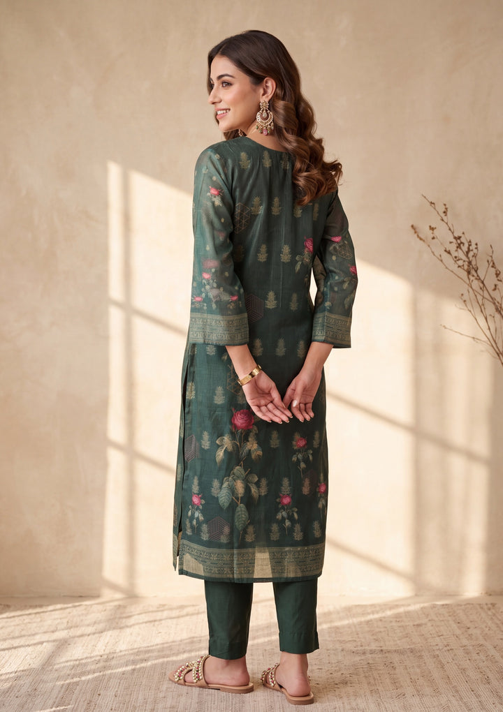 Bottle Green Zariwork (Gold) Chanderi Readymade Salwar Suit