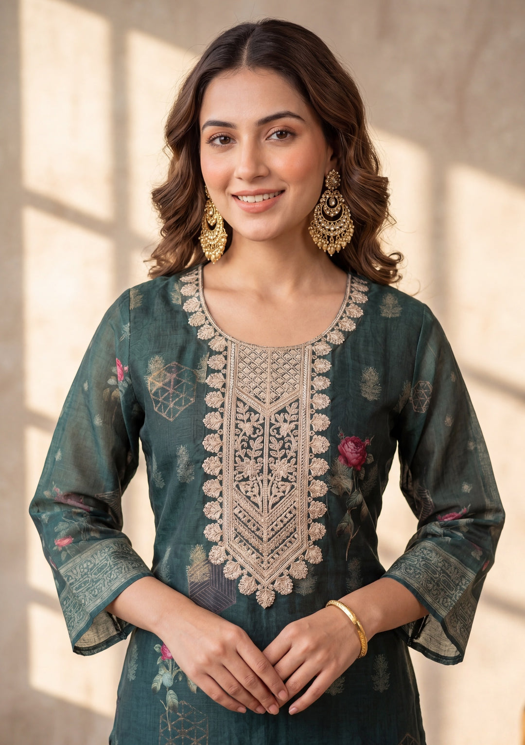 Bottle Green Zariwork (Gold) Chanderi Readymade Salwar Suit