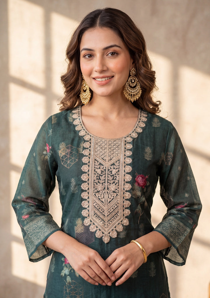 Bottle Green Zariwork (Gold) Chanderi Readymade Salwar Suit