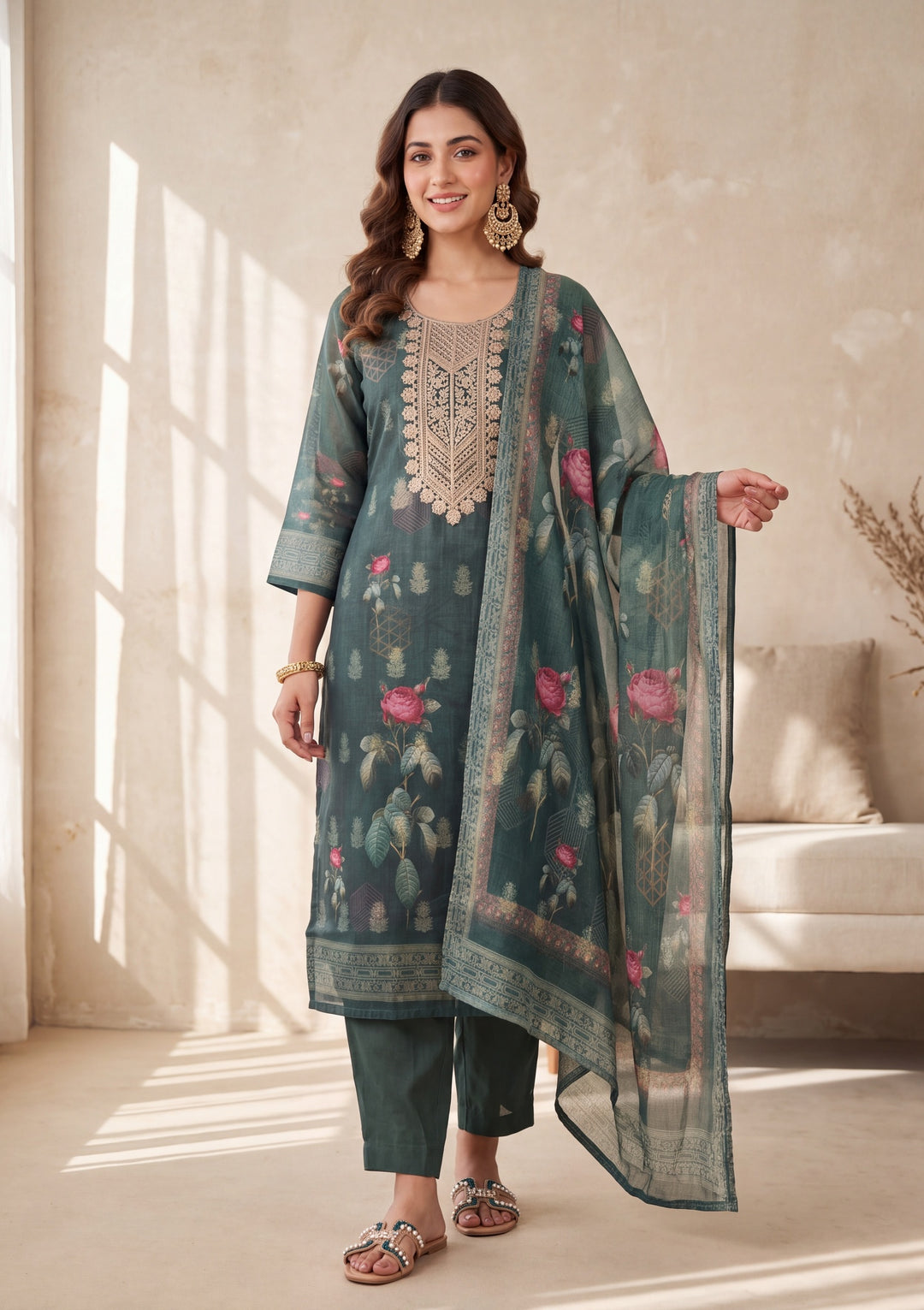Bottle Green Zariwork (Gold) Chanderi Readymade Salwar Suit