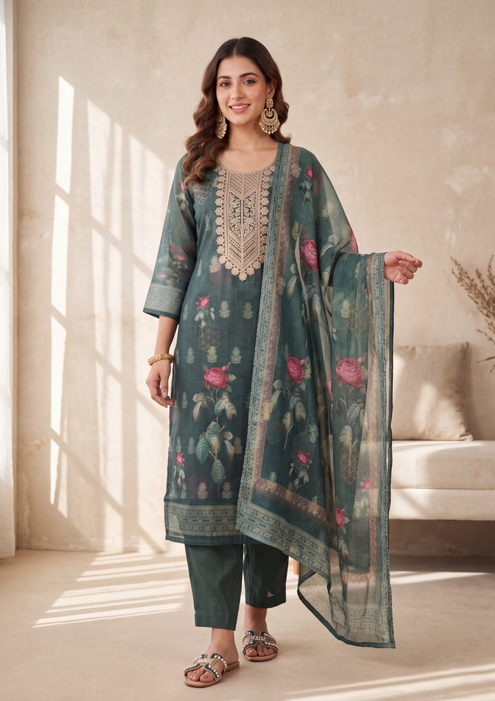 Bottle Green Zariwork (Gold) Chanderi Readymade Salwar Suit