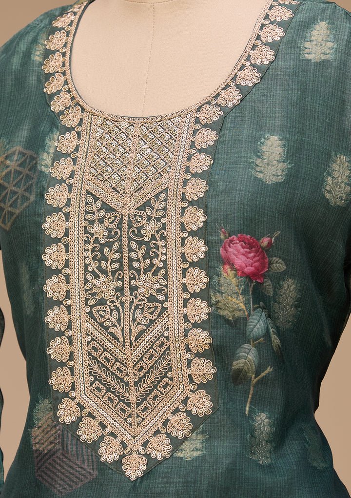 Bottle Green Zariwork (Gold) Chanderi Readymade Salwar Suit