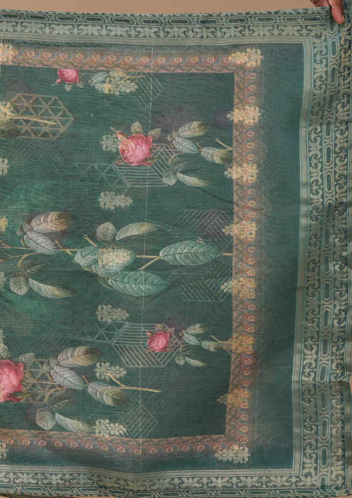 Bottle Green Zariwork (Gold) Chanderi Readymade Salwar Suit