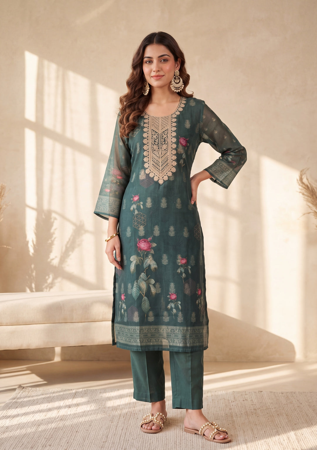 Bottle Green Zariwork (Gold) Chanderi Readymade Salwar Suit