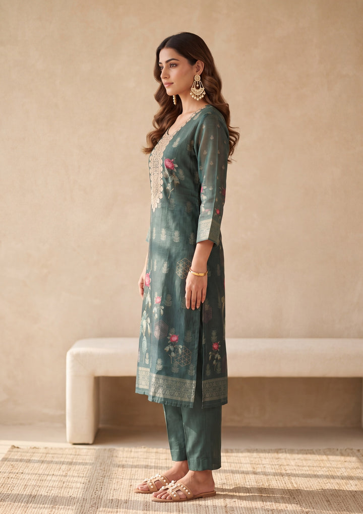Bottle Green Zariwork (Gold) Chanderi Readymade Salwar Suit