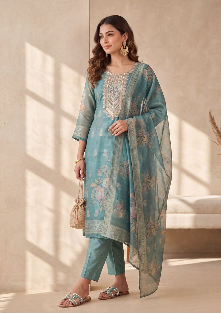 Sea Green Zariwork (Gold) Chanderi Readymade Salwar Suit