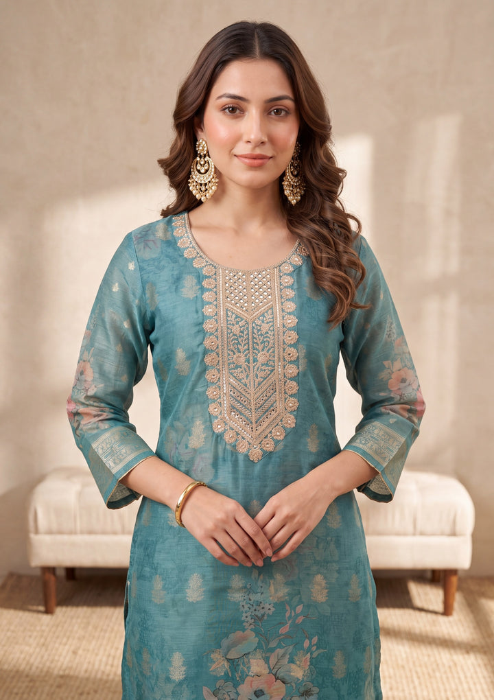 Sea Green Zariwork (Gold) Chanderi Readymade Salwar Suit