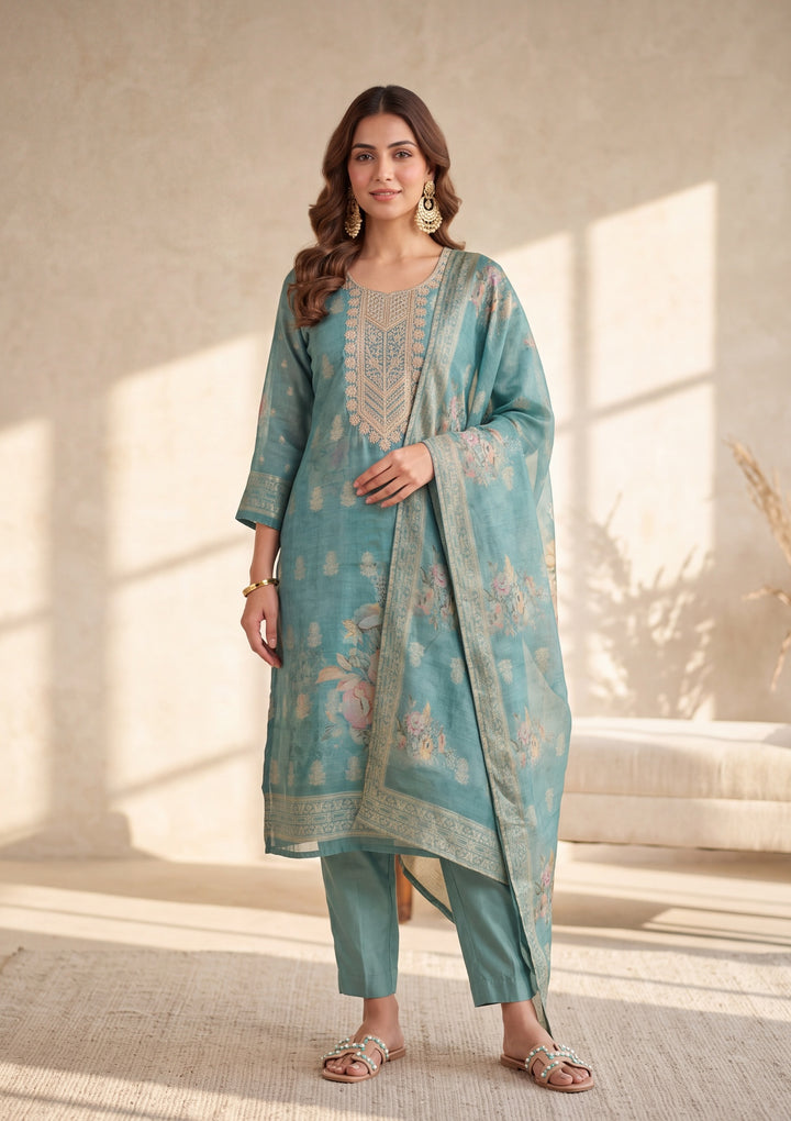 Sea Green Zariwork (Gold) Chanderi Readymade Salwar Suit