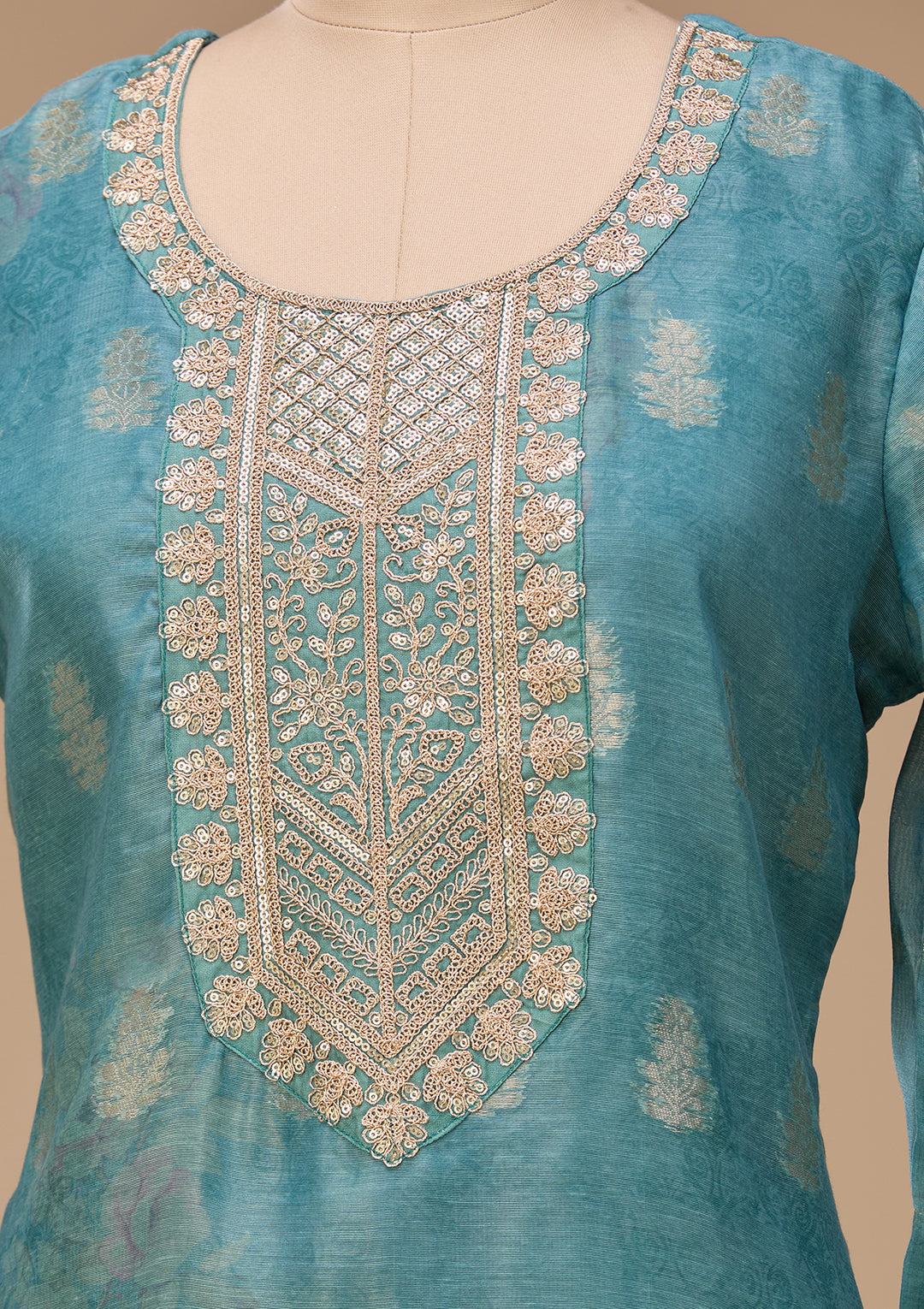 Sea Green Zariwork (Gold) Chanderi Readymade Salwar Suit
