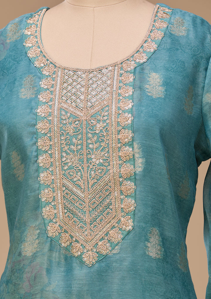Sea Green Zariwork (Gold) Chanderi Readymade Salwar Suit