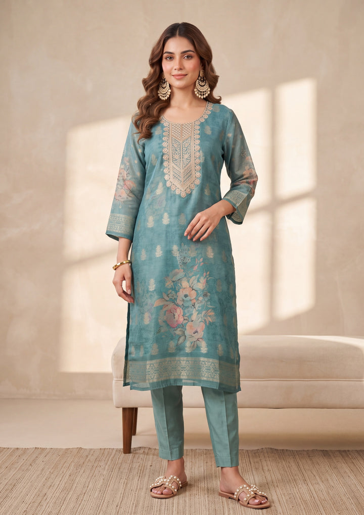 Sea Green Zariwork (Gold) Chanderi Readymade Salwar Suit