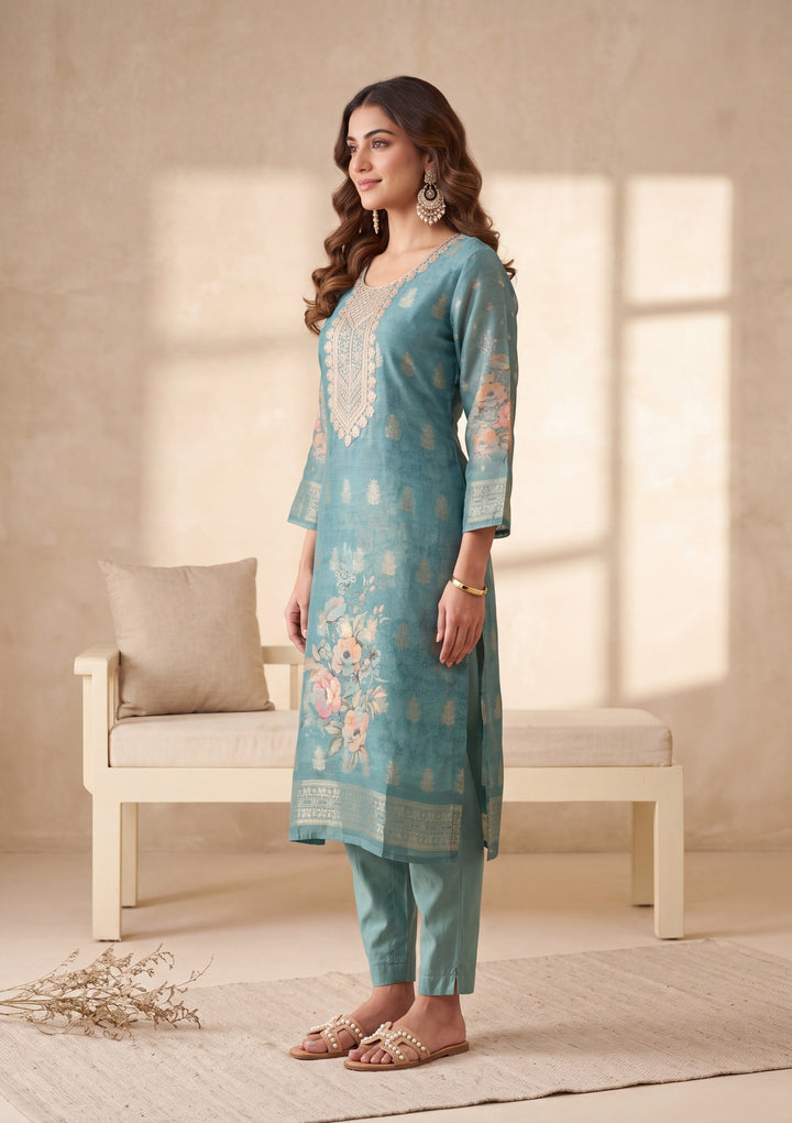 Sea Green Zariwork (Gold) Chanderi Readymade Salwar Suit