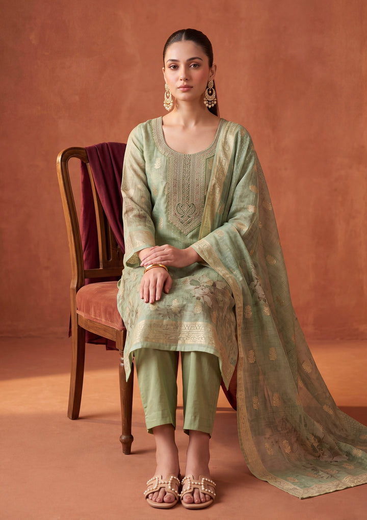 Pista Green Zariwork (Gold) Chanderi Readymade Salwar Suit