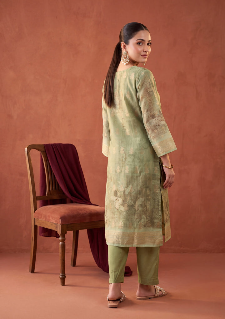 Pista Green Zariwork (Gold) Chanderi Readymade Salwar Suit