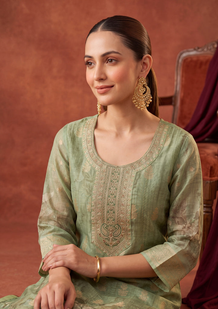Pista Green Zariwork (Gold) Chanderi Readymade Salwar Suit