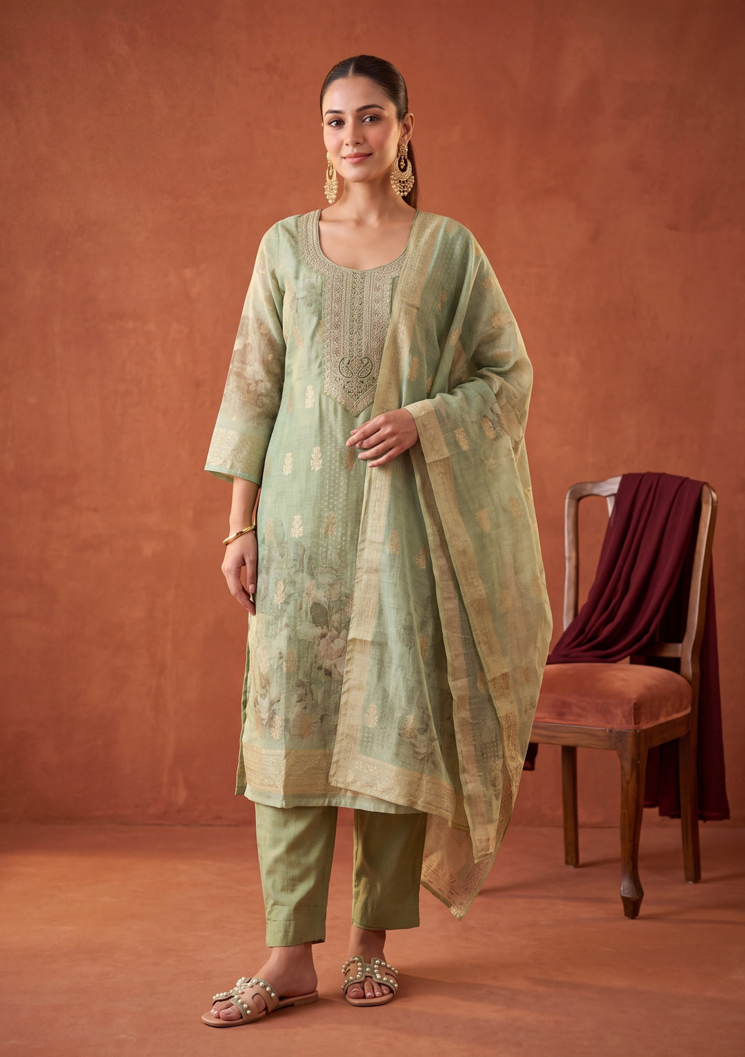 Pista Green Zariwork (Gold) Chanderi Readymade Salwar Suit