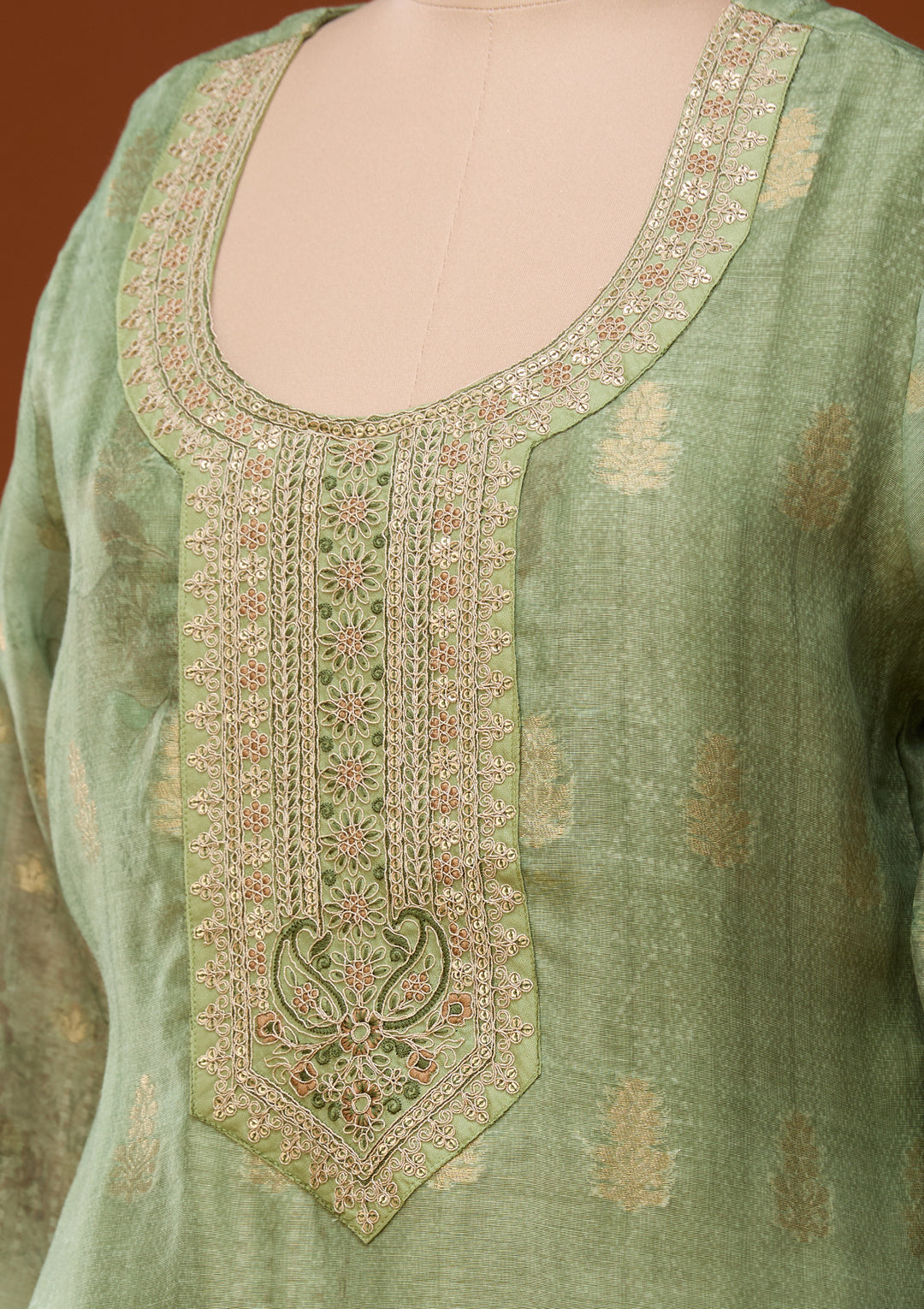 Pista Green Zariwork (Gold) Chanderi Readymade Salwar Suit